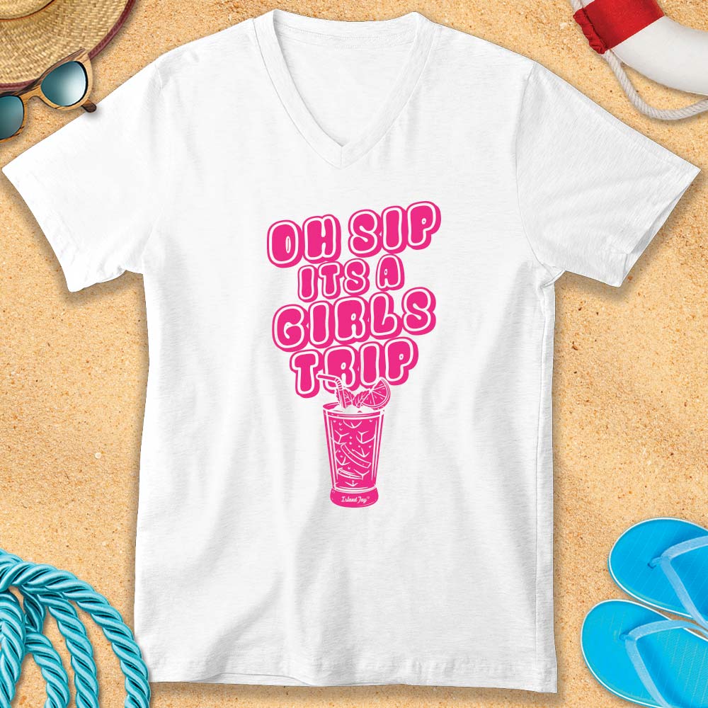 Oh Sip It's a Girls Trip V-Neck T-shirt Ocean White