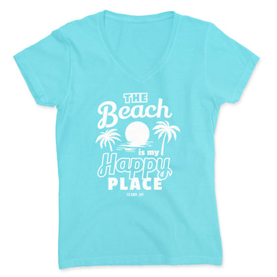 Women's The Beach Is My Happy Place Palms & Sunsets V-Neck T-Shirt