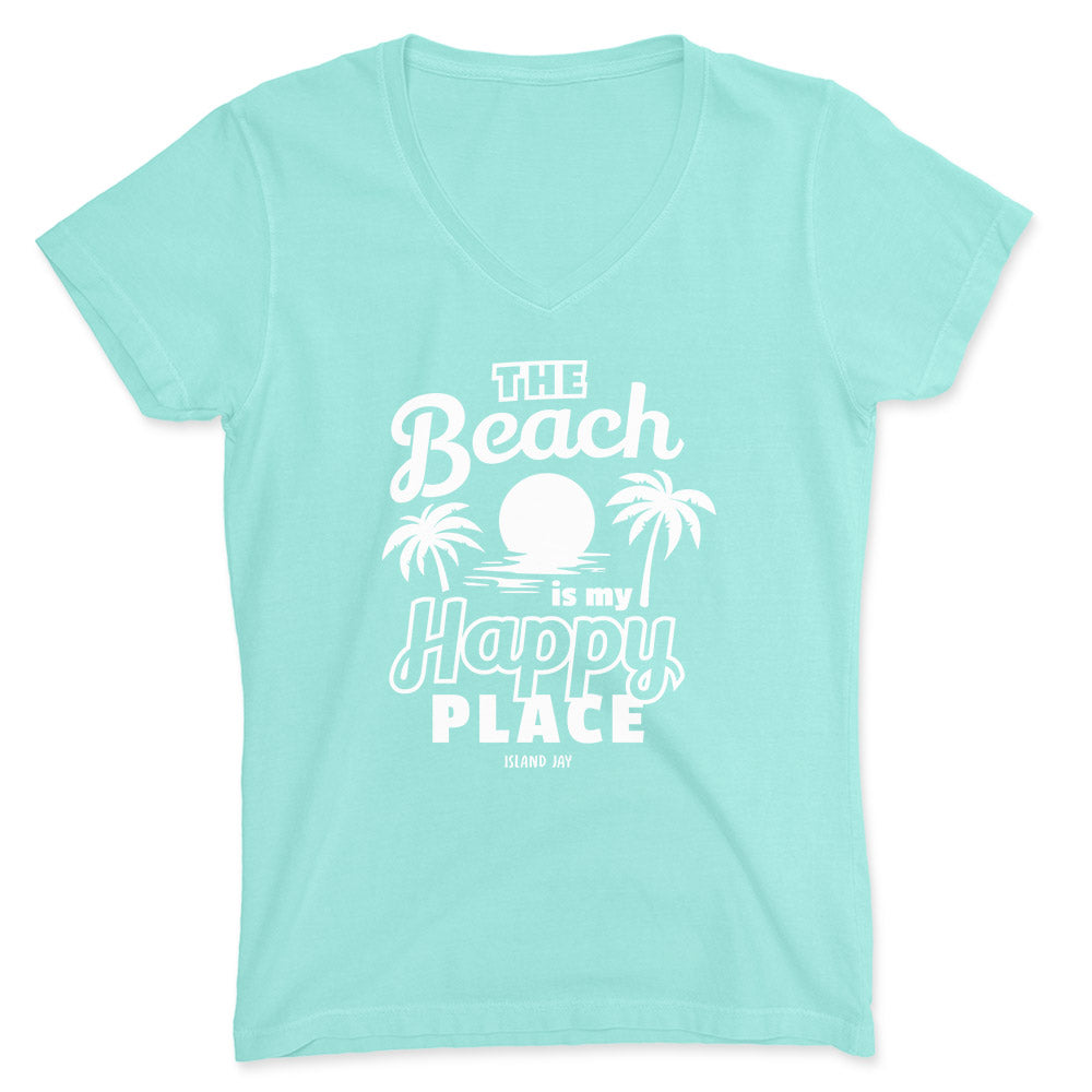 Women's The Beach Is My Happy Place Palms & Sunsets V-Neck T-Shirt