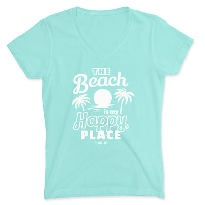 Women's The Beach Is My Happy Place Palms & Sunsets V-Neck T-Shirt