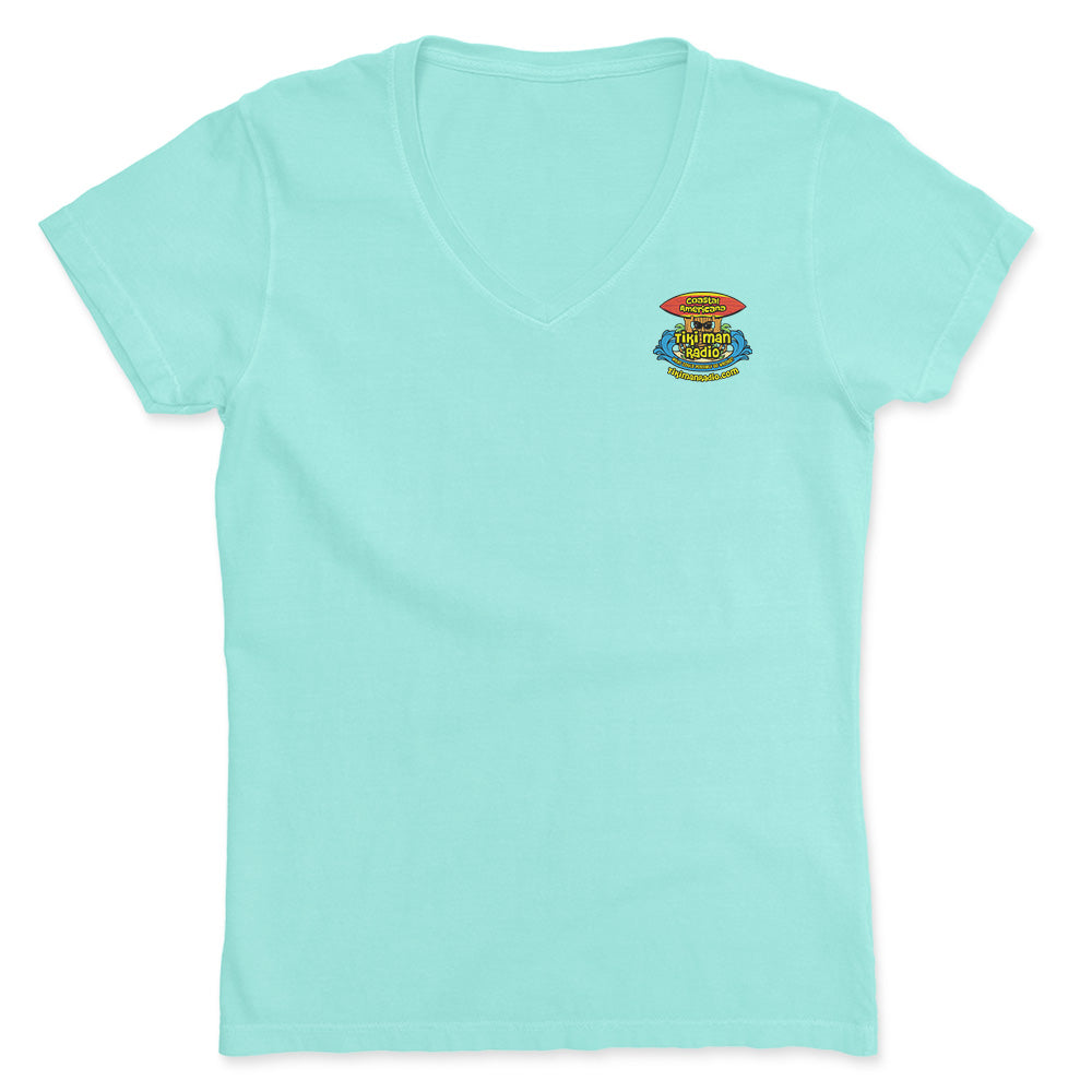Women's Tiki Man Radio Coastal Americana V-Neck T-Shirt