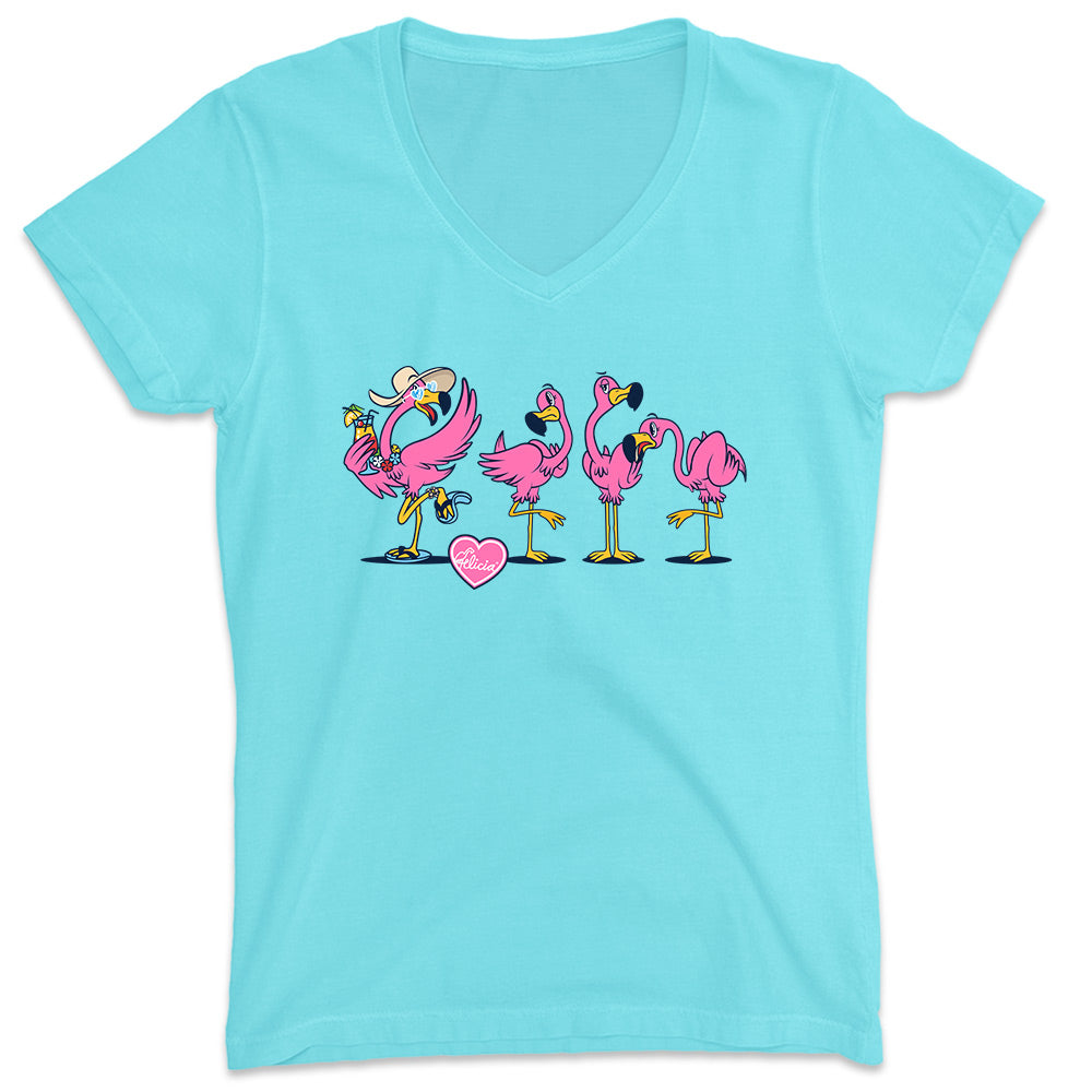 Women's Felicia Be Your Own Flamingo 2.0 V-Neck T-Shirt  Aqua