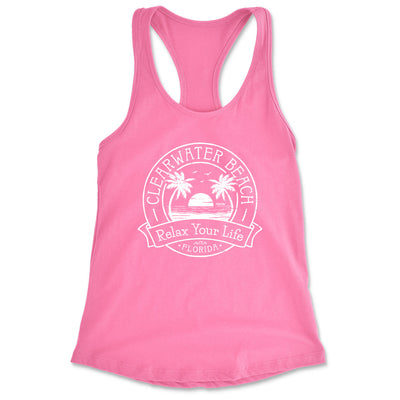 Women's Clearwater Beach Relax Your Life Palm Tree Racerback Tank Top Pink