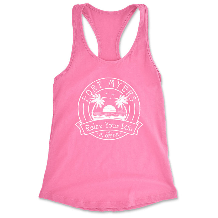 Women's Fort Myers Relax Your Life Palm Tree Racerback Tank Top Charity Pink