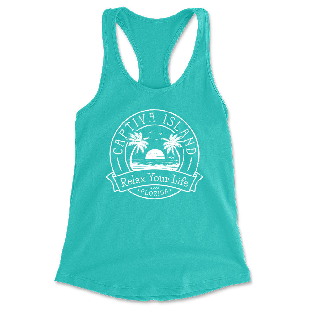 Women's Captiva Island Relax Your Life Palm Tree Racerback Tank Top Teal