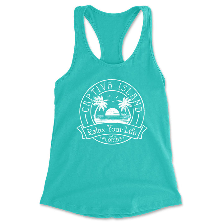 Women's Captiva Island Relax Your Life Palm Tree Racerback Tank Top Teal