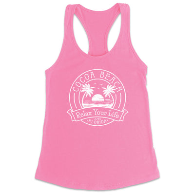Women's Cocoa Beach Relax Your Life Palm Tree Racerback Tank Top Charity Pink