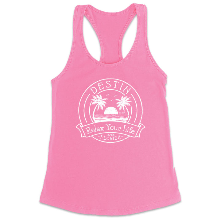 Women's Destin Relax Your Life Palm Tree Racerback Tank Top Charity Pink