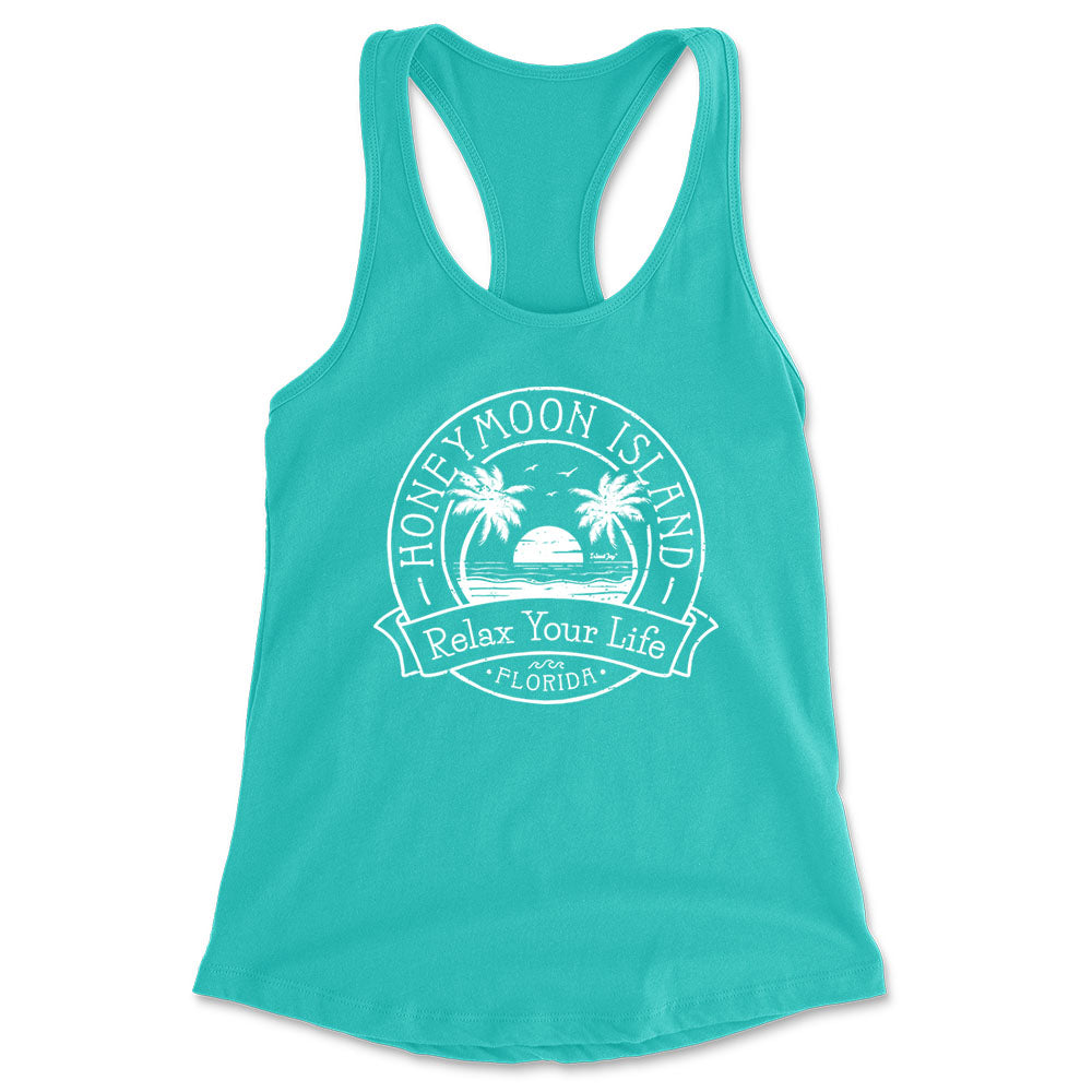 Women's Honeymoon Island Relax Your Life Palm Tree Racerback Tank Top Teal