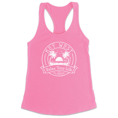 Women's Key West Relax Your Life Palm Tree Racerback Tank Top Charity Pink