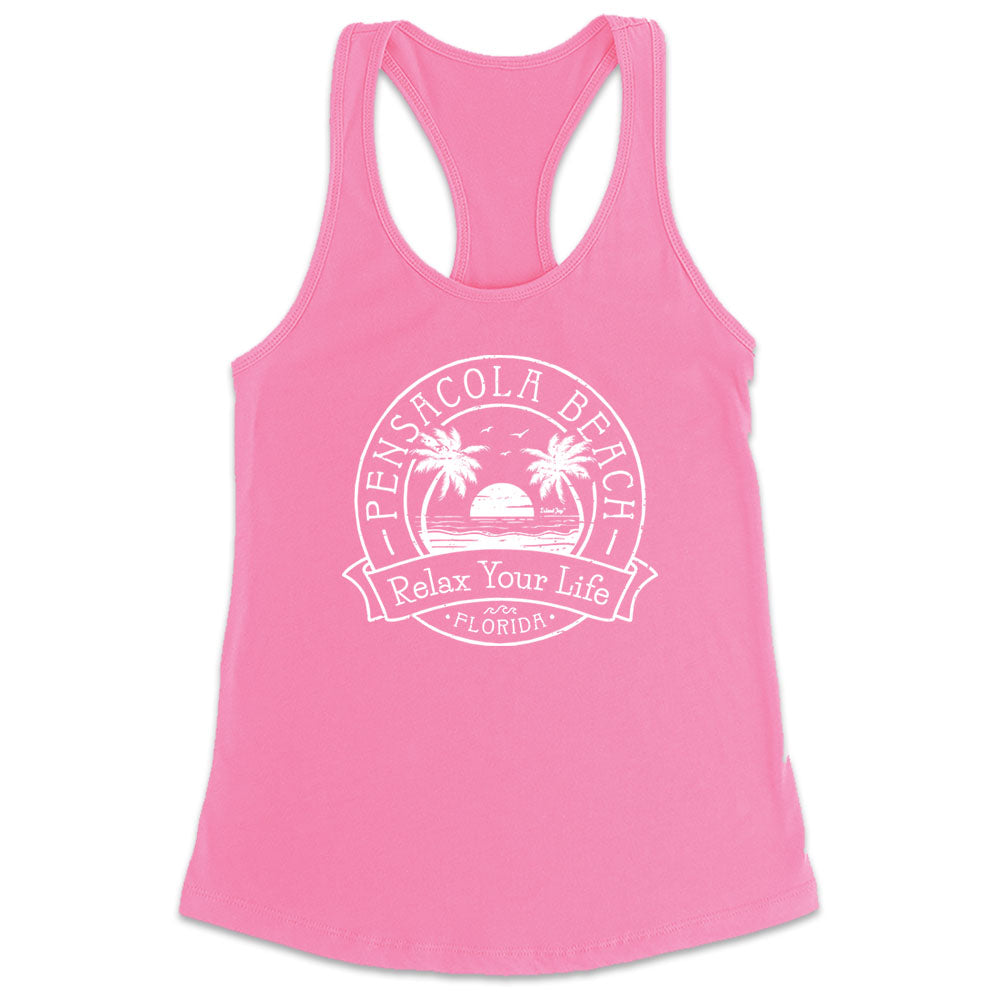 Women's Pensacola Beach Relax Your Life Palm Tree Racerback Tank Top Charity Pink