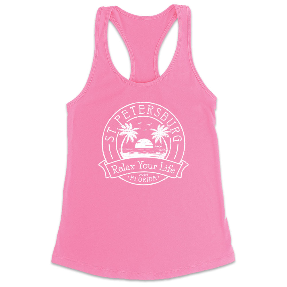 Women's St. Petersburg Relax Your Life Palm Tree Racerback Tank Top Charity Pink
