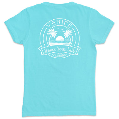 Women's Venice Relax Your Life Palm Tree V-Neck T-Shirt Aqua