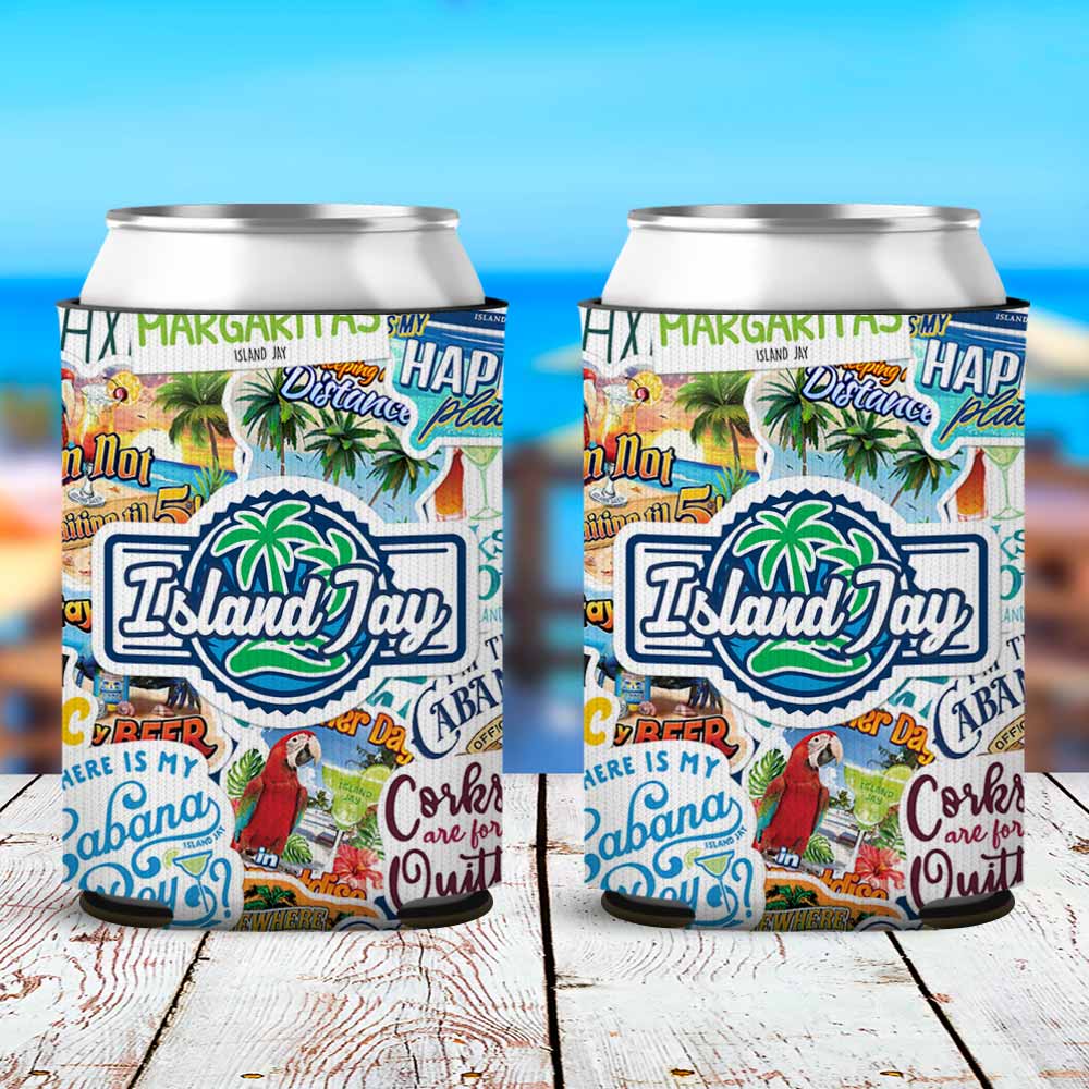 Island Jay Sticker Collage Can Cooler Sleeve 2 Pack