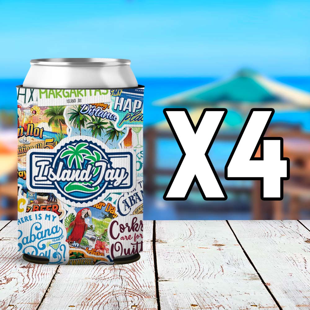 Island Jay Sticker Collage Can Cooler Sleeve 4 Pack