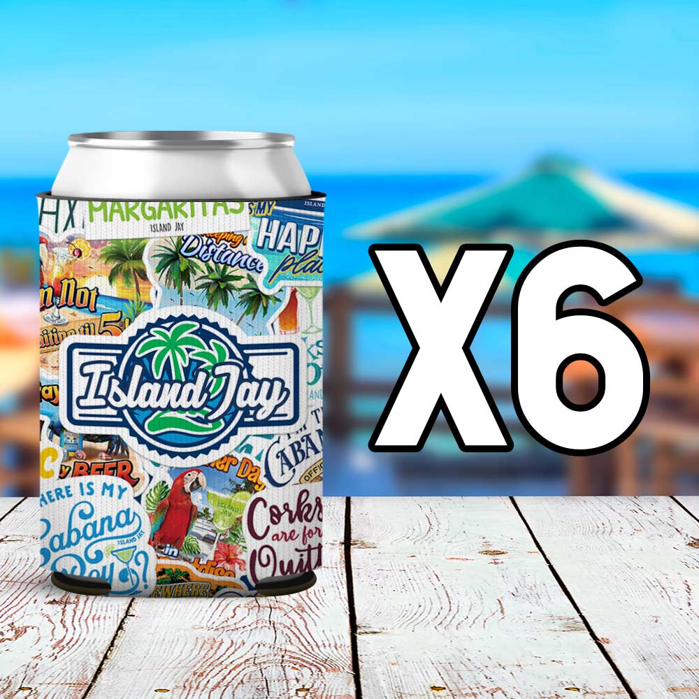 Island Jay Sticker Collage Can Cooler Sleeve 6 Pack
