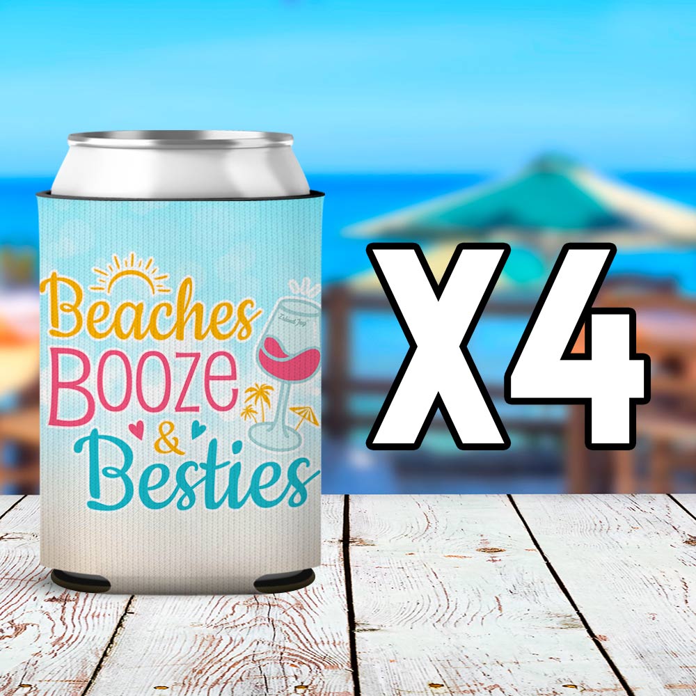 Beaches, Booze and Besties Can Cooler Sleeve 4 Pack