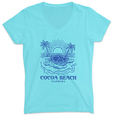 Women's Cocoa Beach Turtle Days V-Neck T-Shirt Aqua
