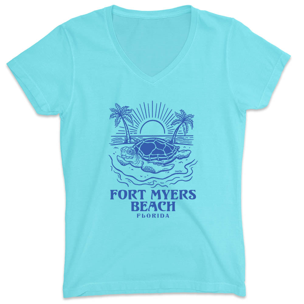 Women's Fort Myers Beach Turtle Days V-Neck T-Shirt Aqua