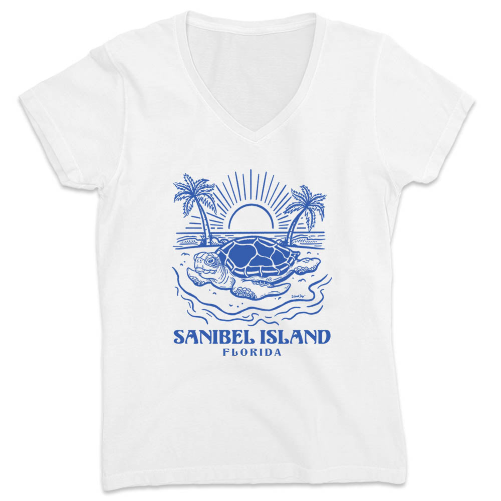 Women's Sanibel Island Turtle Days V-Neck T-Shirt Ocean White