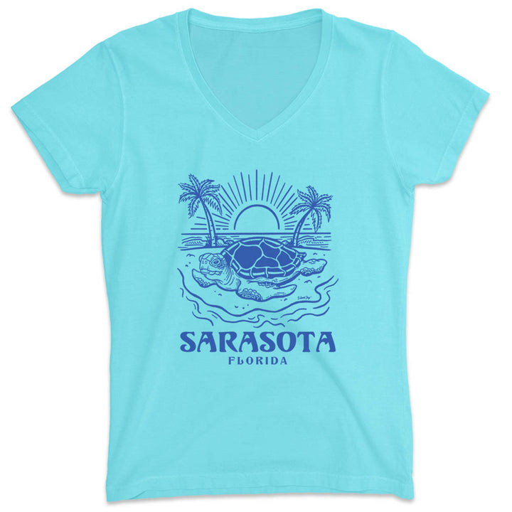 Women's Sarasota Turtle Days V-Neck T-Shirt Aqua
