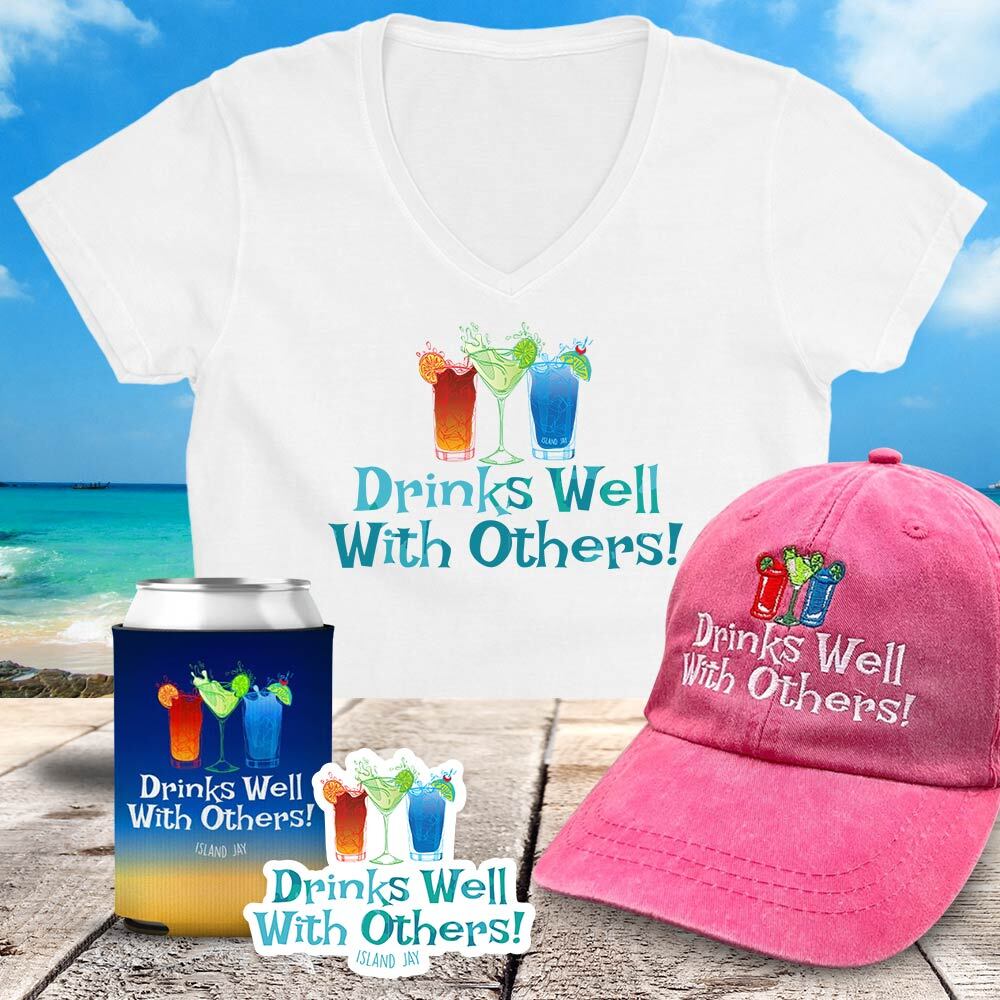 Drinks Well With Others Women's Package Deal White. This package deal includes a soft women's v-neck t-shirt, can coolers, a sticker, and an full color digital print hat.t.