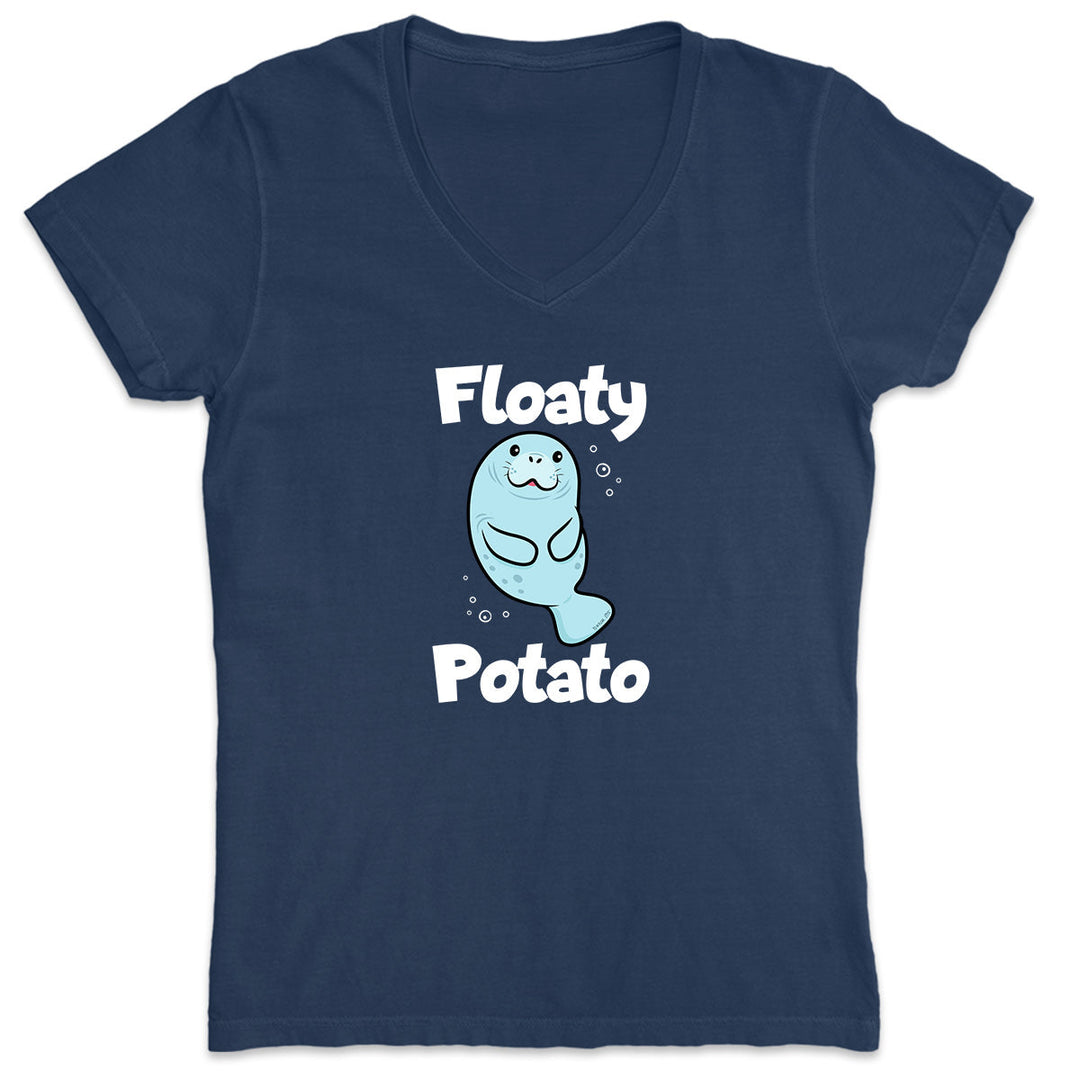 Women's Floaty Potato Manatee V-Neck T-Shirt Navy