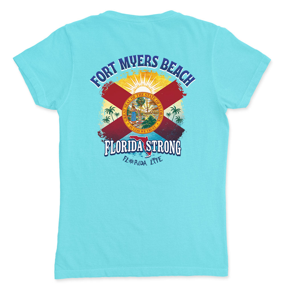 Women's Florida Strong Fort Myers Beach Flag V-Neck T-Shirt
