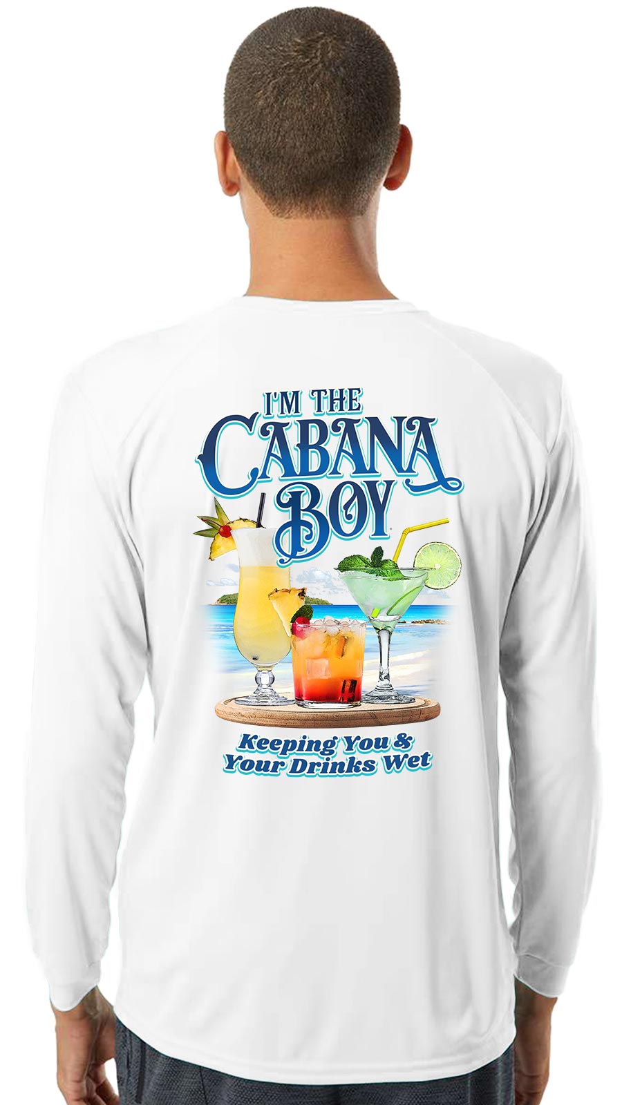 I'm The Cabana Boy Wet Long Sleeve UV Performance Shirt - Whit e with model