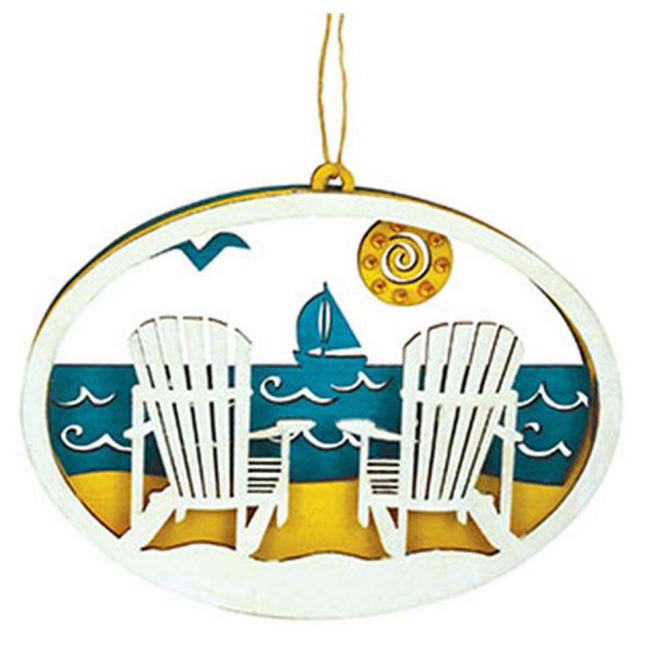 Cape Shore Beach Scene Adirondack Chairs Wood Ornament