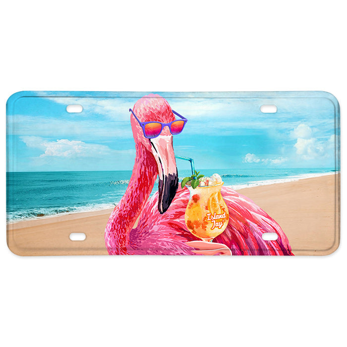 Flamingo With Drink Metal License Plate