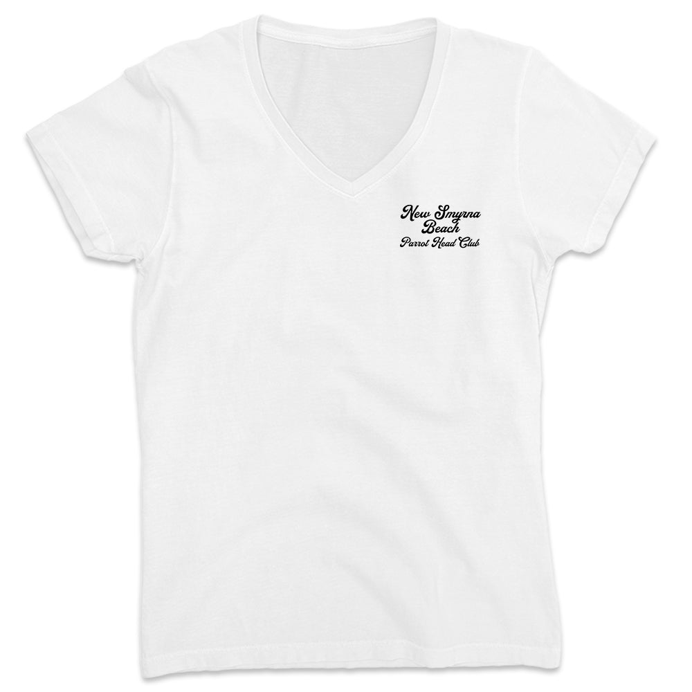 Women's Official New Smyrna Beach Parrot Head Club V-Neck T-Shirt Ocean White Front
