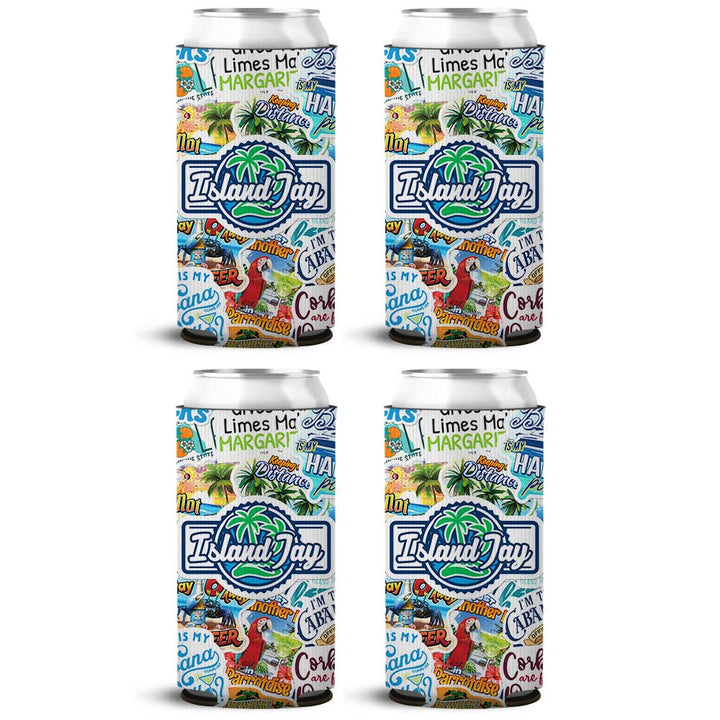 Island Jay Sticker Collage SLIM Can Cooler 4 Pack