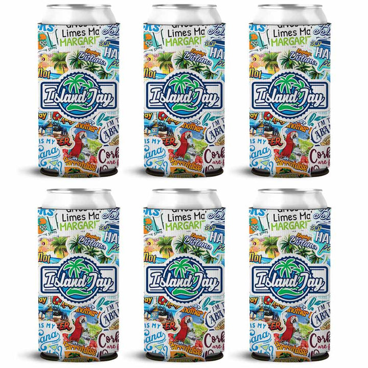 Island Jay Sticker Collage SLIM Can Cooler 6 Pack