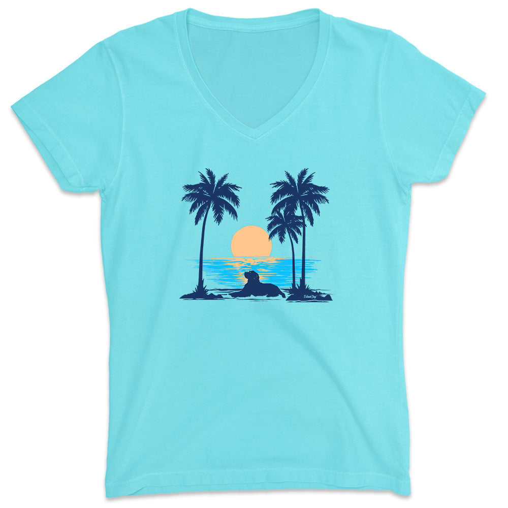 Women's Sunset Beach Dog V-Neck T-Shirt Aqua