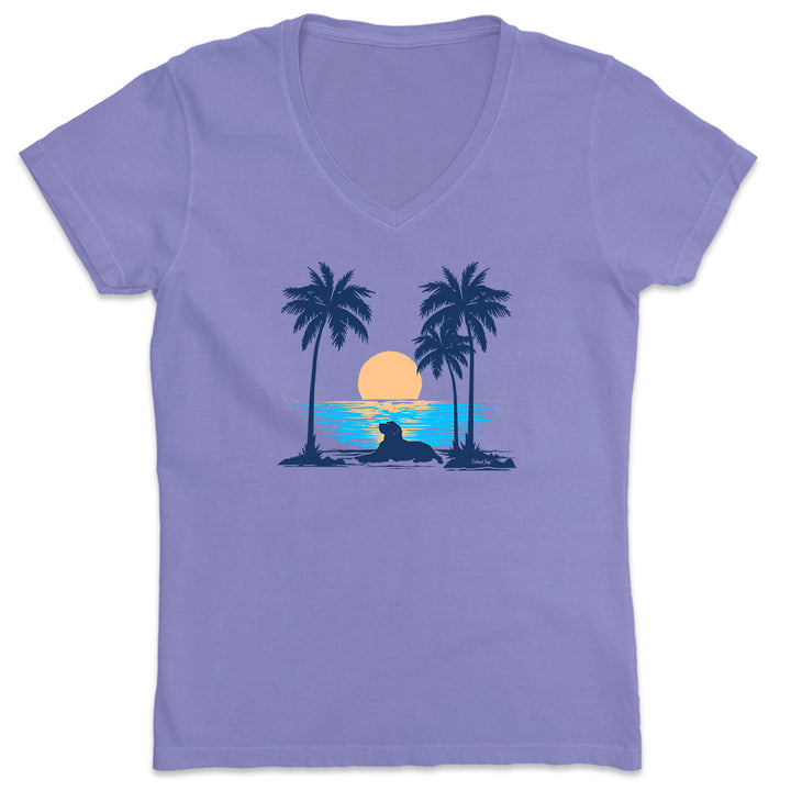 Women's Sunset Beach Dog V-Neck T-Shirt Purple