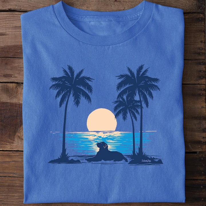 Mens Sunset Beach Dog T-shirt Blue Folded