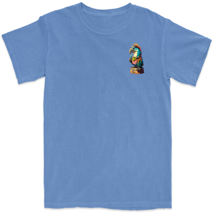 Sips and Squawks Moku T-Shirt front | The Sips and Squawks Moku T-Shirt, the shirt that's so fun you might want to join him for a cocktail. Featuring Our cartoon of Moku, (Hawaiian for island & independent) a badass tropical bird sipping on a drink at the beach bar.