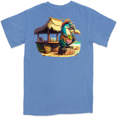 Sips and Squawks Moku T-Shirt Flo Blue The Sips and Squawks Moku T-Shirt, the shirt that's so fun you might want to join him for a cocktail. Featuring Our cartoon of Moku, (Hawaiian for island & independent) a badass tropical bird sipping on a drink at the beach bar.