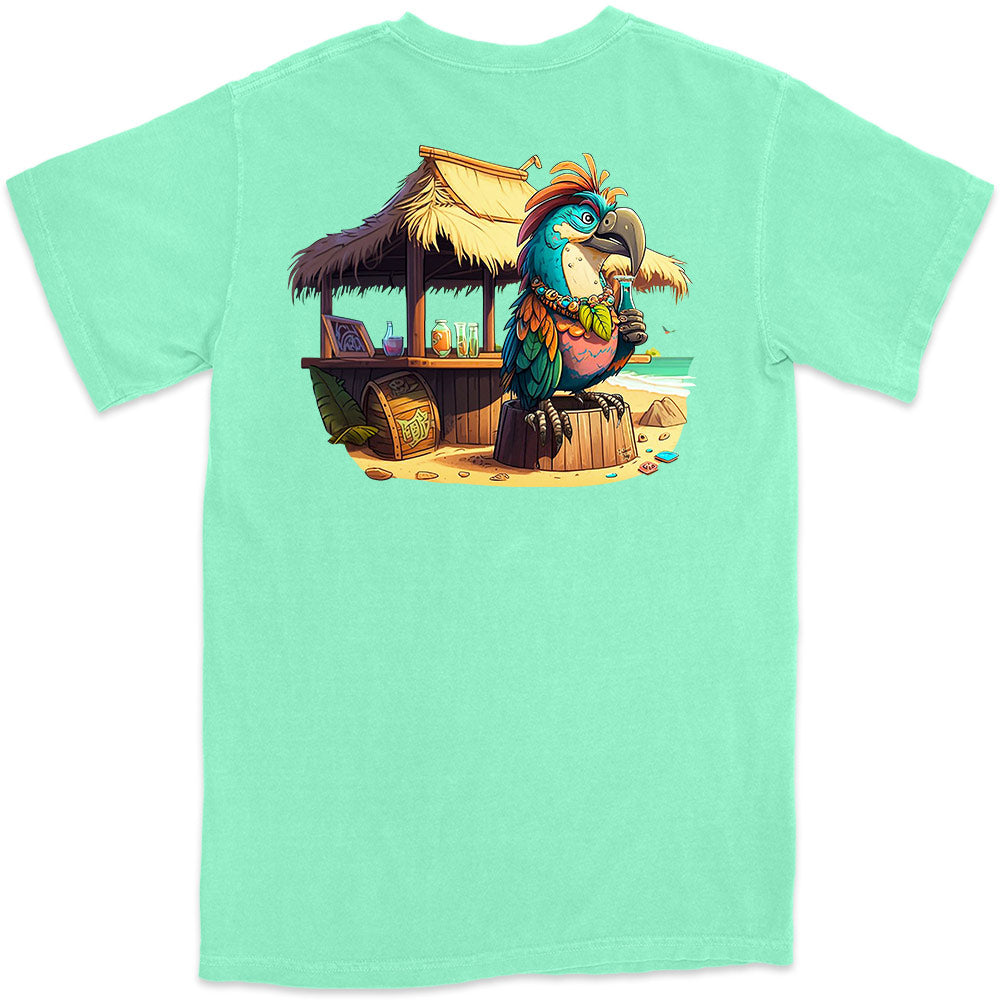 Sips and Squawks Moku T-Shirt Island Reef Green | The Sips and Squawks Moku T-Shirt, the shirt that's so fun you might want to join him for a cocktail. Featuring Our cartoon of Moku, (Hawaiian for island & independent) a badass tropical bird sipping on a drink at the beach bar.