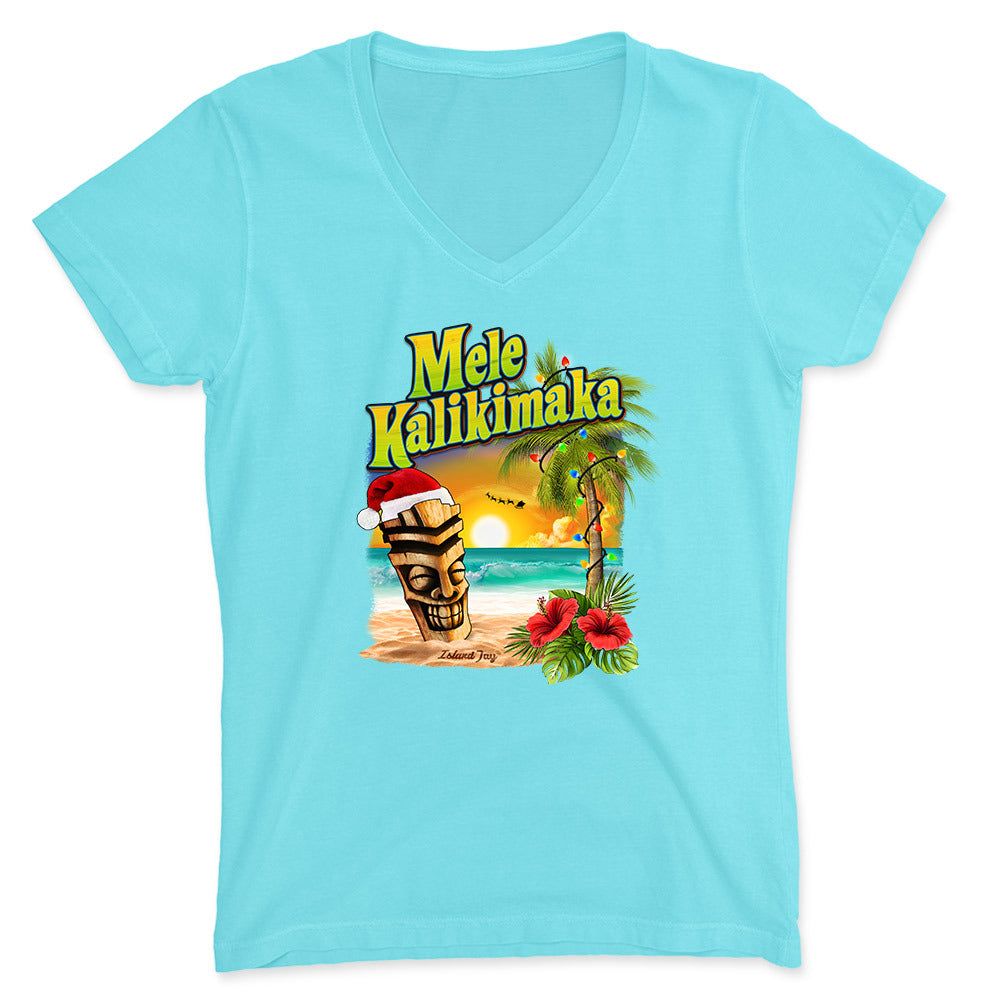 Women's Mele Kalikimaka Tiki V-Neck T-Shirt