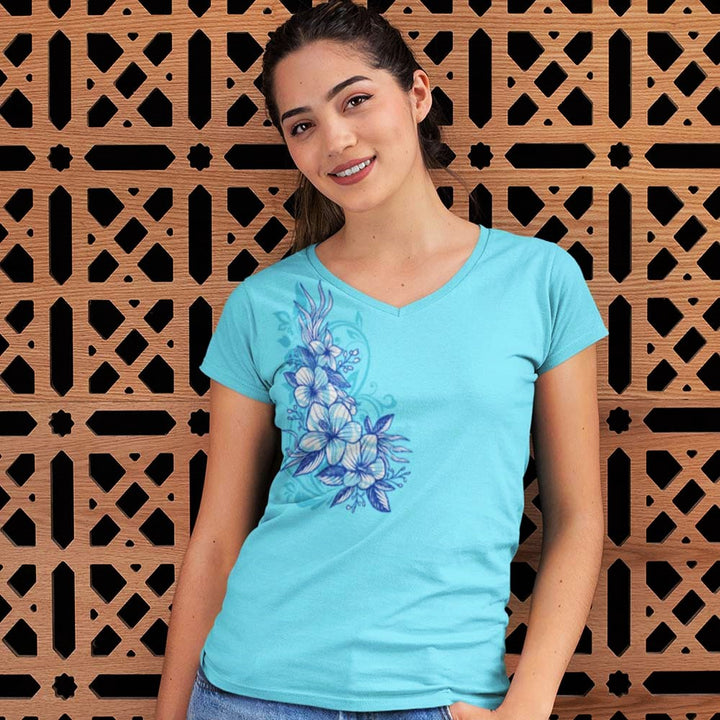 Women's Hawaiian Pua Melia V-Neck T-Shirt | Hibiscus Flower Design