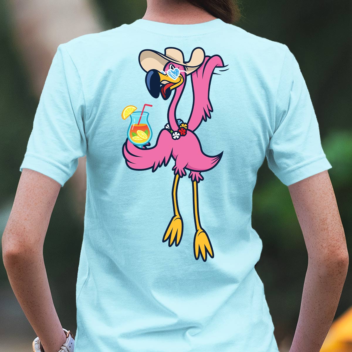 Felicia The Flamingo Hanging Around Women's V-Neck T-Shirt. Felicia is a party bird and loves t meet new people on the island. Buy her a tropical drink and she will be your new best friend. 