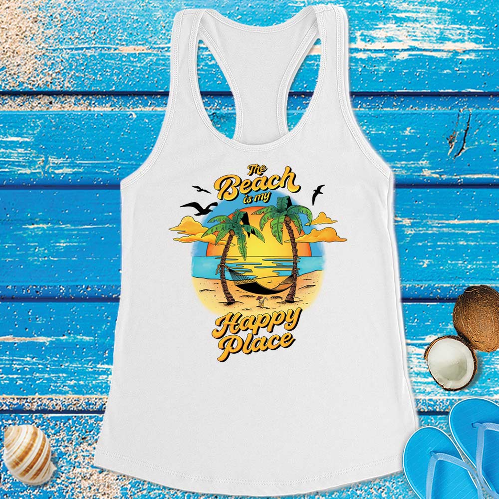 Women's The Beach Is My Happy Place Sunset Racerback Tank Top White
