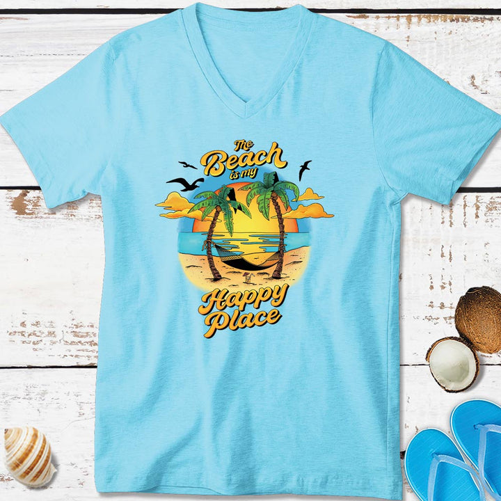 Women's The Beach Is My Happy Place Sunset V-Neck T-shirt Aqua