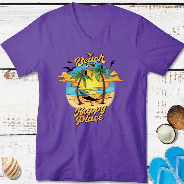 Women's The Beach Is My Happy Place Sunset V-Neck T-shirt Purple
