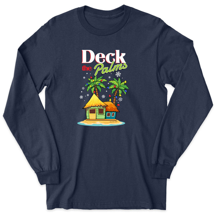 Long Sleeve  Beach Tee featuring Deck The Palms Christmas Holiday Design. Featuring a beach house with palm trees decorated with Christmas lights