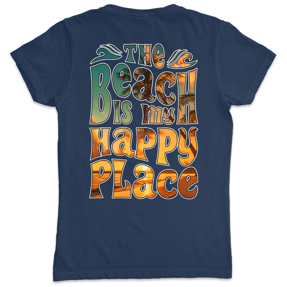 Women's The Beach Is My Happy Place Lā Nani Beautiful Sun V-Neck T-Shirt in navy