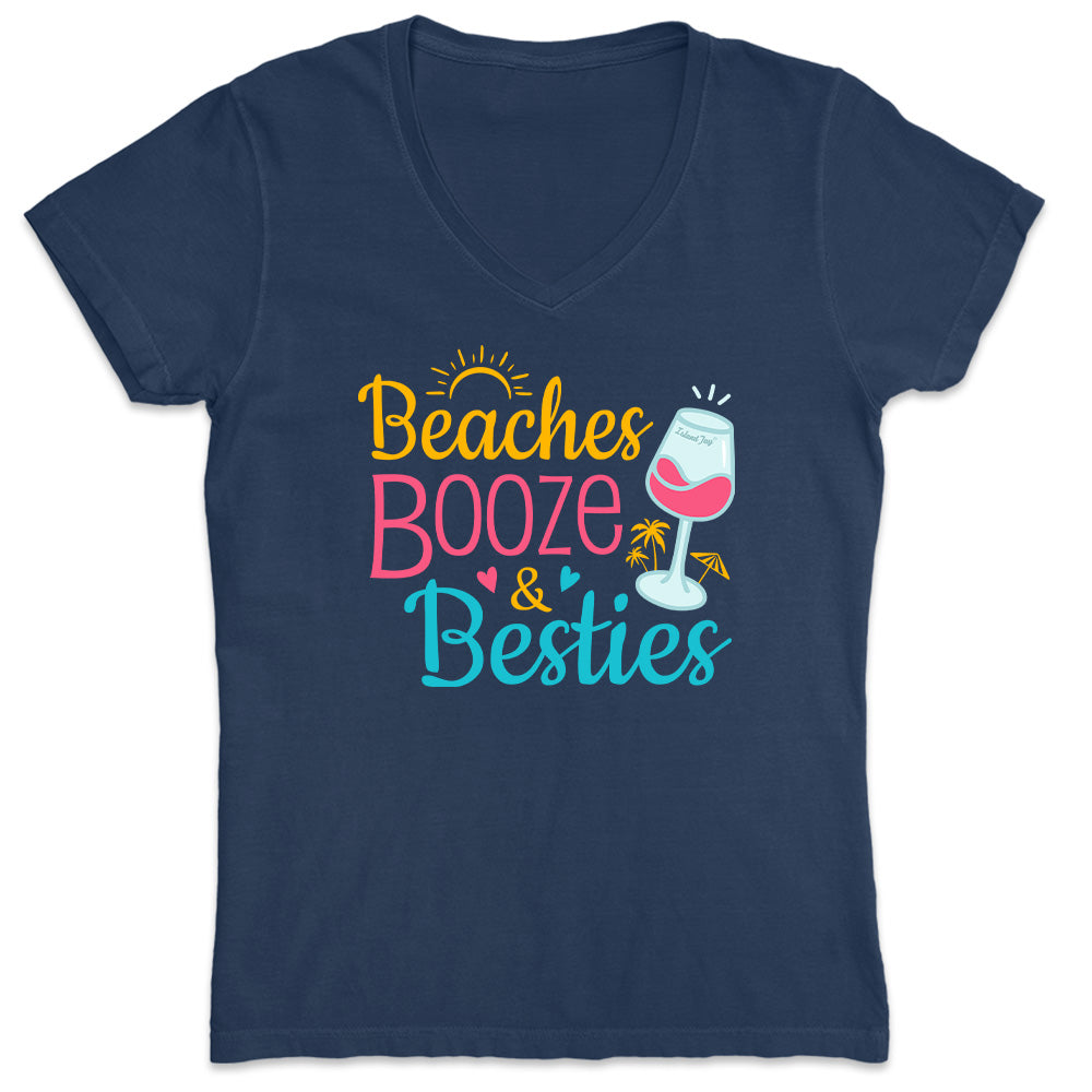 Women's Beaches Booze & Besties V-Neck T-Shirt, Featuring a wine glass and tropical design with a sunset.